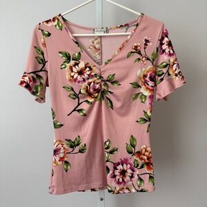 Y2K‎ Klaxons L Pink Floral Top Ruched 90s Fairy Blouse Cottagecore Summer